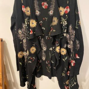 Johnny Was Black Cardigan with Floral Embroidery